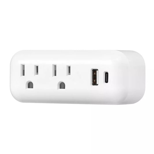Wall Tap Power Adapter with 2 AC Grounded Outlets + USB-A & USB-C Ports