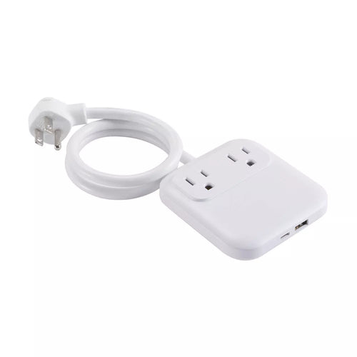 Compact Slim Power Strip with 2 AC Outlets and Dual USB Ports, 2ft Power Cord