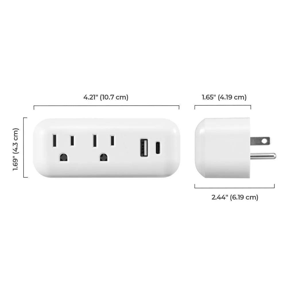 Wall Tap Power Adapter with 2 AC Grounded Outlets + USB-A & USB-C Ports