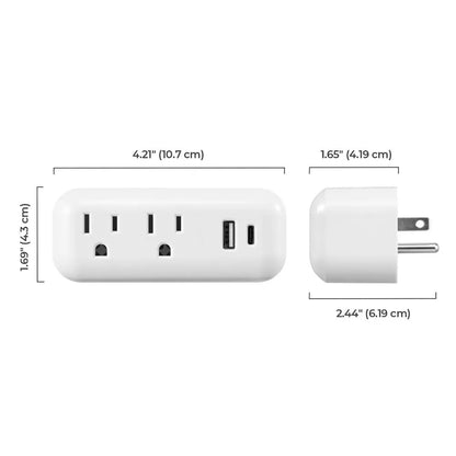 Wall Tap Power Adapter with 2 AC Grounded Outlets + USB-A & USB-C Ports