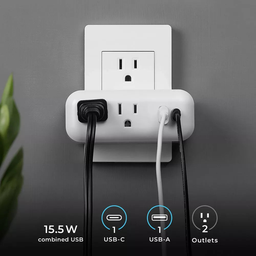 Wall Tap Power Adapter with 2 AC Grounded Outlets + USB-A & USB-C Ports