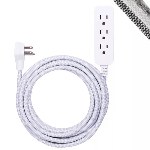 3-Outlet Grounded Extension Power Cord with 15ft Braided Flat Plug Cable